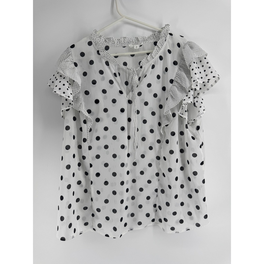 Perch by Blu Pepper Polka Dot Ruffle Flutter Sleeve Blouse White Black 2X